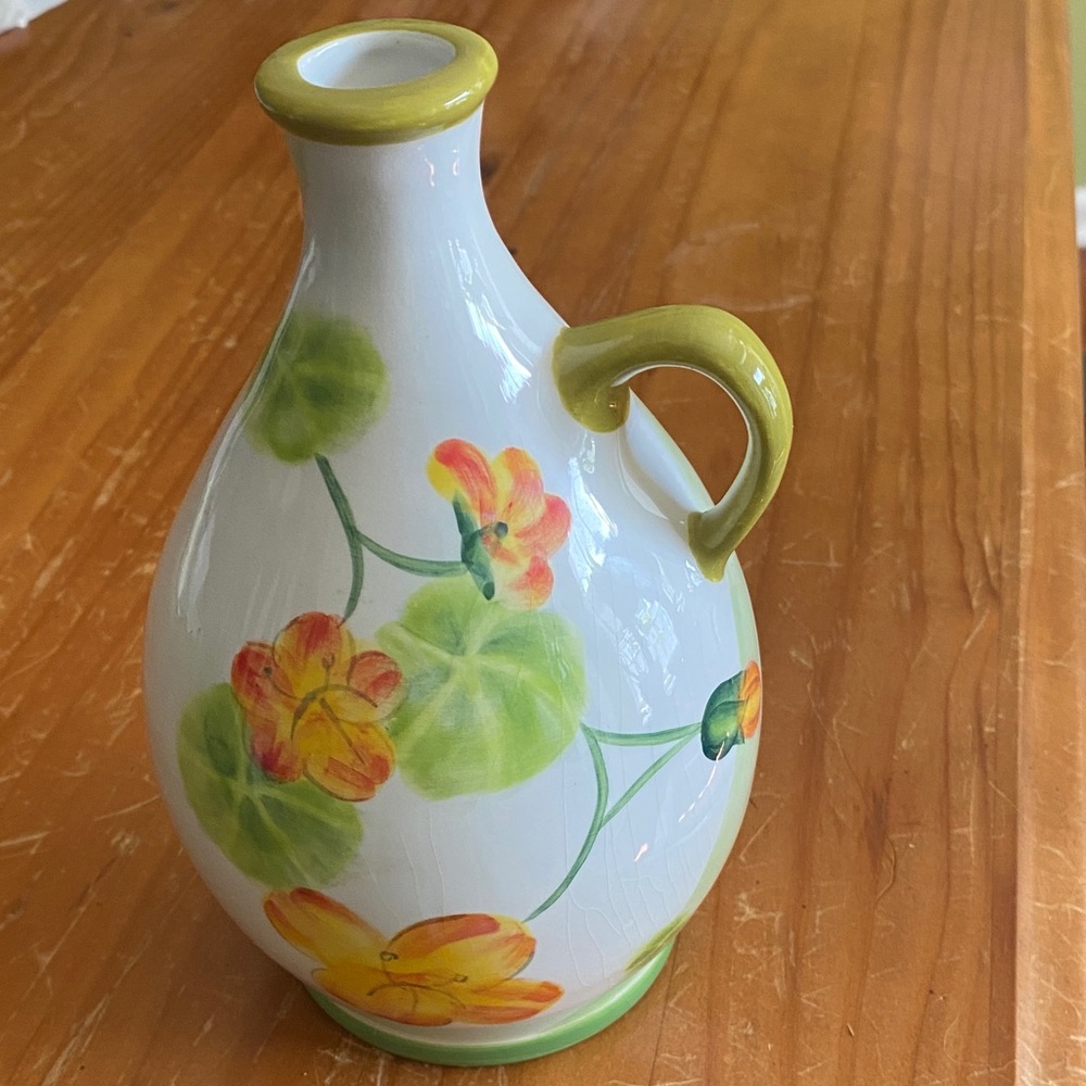 Floral Ceramic Vase with Green and Orange Accents
